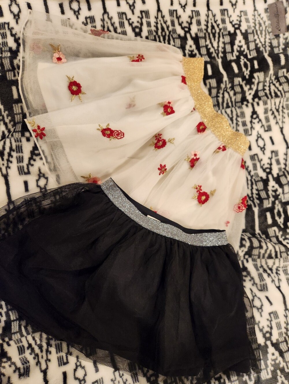 Girls Black & White Tulle Skirt with Red Floral Embroidery, Size 18-24M, 2T